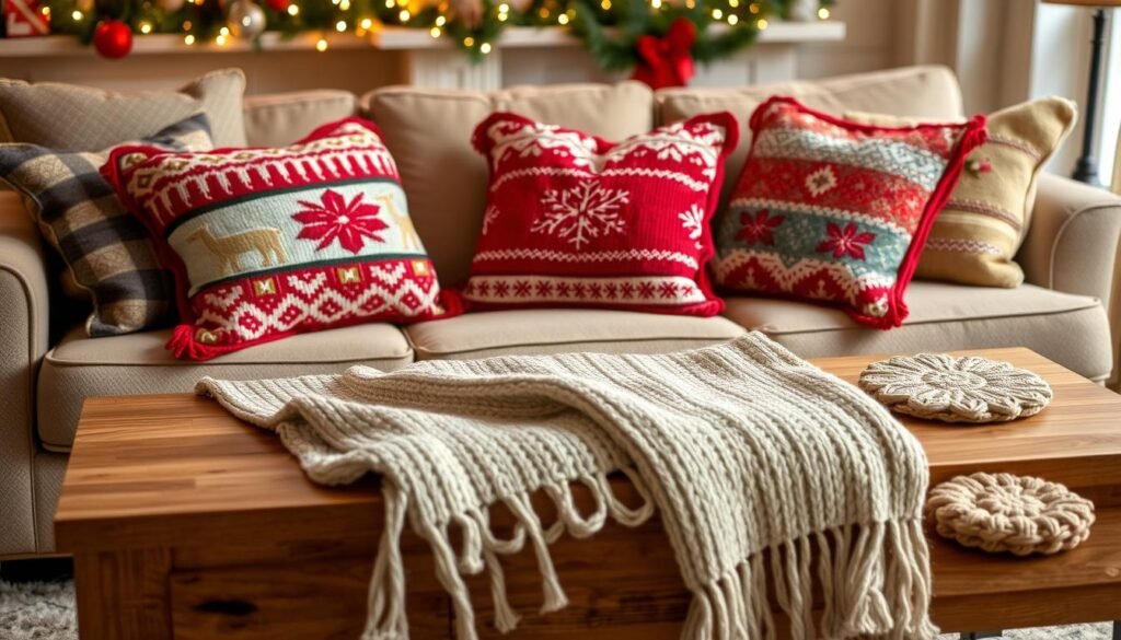 knitted pillows, table runners, coasters